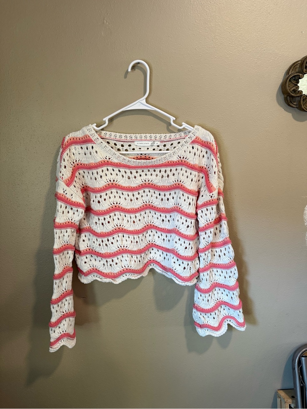 Altar'd State White & Pink Open-Knit Cropped Sweater